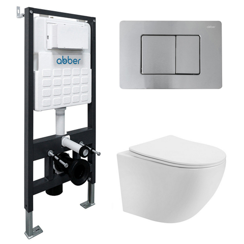 Abber AC1100T-AC0105-AC0120MCH Комплект подвесной унитаз Abber Bequem AC1100T белый с инсталляцией AC0105 и кнопкой AC0120MCH матовый хром