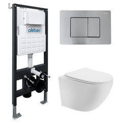 Abber AC1100T-AC0105-AC0120MCH Комплект подвесной унитаз Abber Bequem AC1100T белый с инсталляцией AC0105 и кнопкой AC0120MCH матовый хром фото