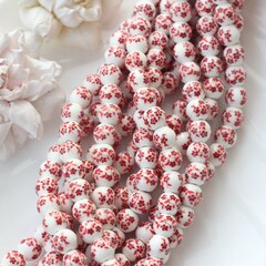 Бусина Шарик, керамика, белая с красной росписью, 10 мм, 1 нить, К157