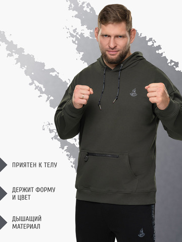 Худи цвета хаки с логотипом, без лампасов. Плотный футер