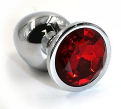 Серебристая алюминиевая анальная пробка с красным кристаллом - 7 см. - 