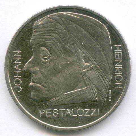 5 франков 1977 год. 150 лет со дня смерти Иоганна Генриха Песталоцци. Швейцария. Медно-никель BrUNC