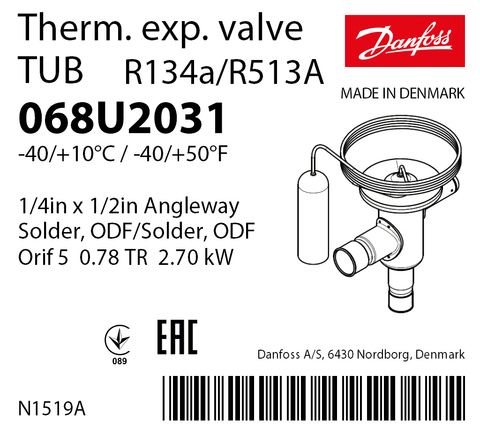 Терморегулирующий клапан Danfoss TUB 068U2031 (R134a/R513A, без МОР) угловой