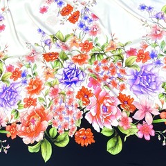 Ткань шелк матовый с эластаном купон цветы  с черным кантом 1090