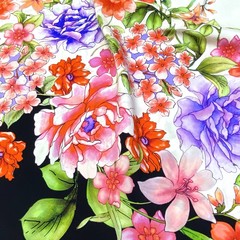 Ткань шелк матовый с эластаном купон цветы  с черным кантом 1090