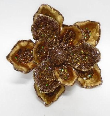 Цветок магнолия на клипсе 18см ChristmasDeLuxe premium collection коричневая