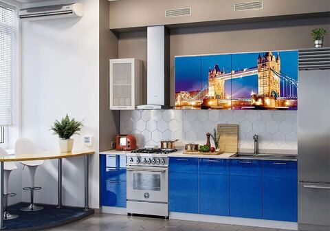Кухня Лондон-1 2.0 м белый шагрень / синий металлик