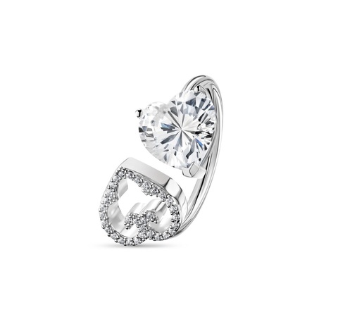 TWO HEARTS RING White Stone, Rhodium, Cubic Zircons