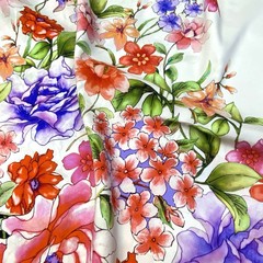 Ткань шелк матовый с эластаном купон цветы  с черным кантом 1090