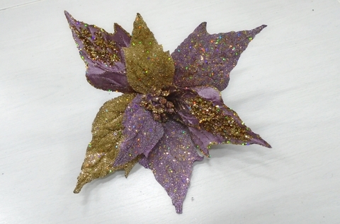 Цветок пуансеттия на клипсе 27см ChristmasDeLuxe premium collection лиловая/коричневая