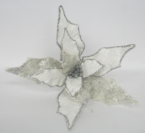 Цветок пуансеттия на клипсе 20см ChristmasDeLuxe premium collection белая/серебряная