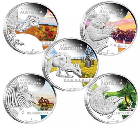 Набор из 5 монет 1 доллар Открой Австралию. Страус Эму, Утконос, Кенгуру, Коала, Кукабарра. Австралия 2013 год