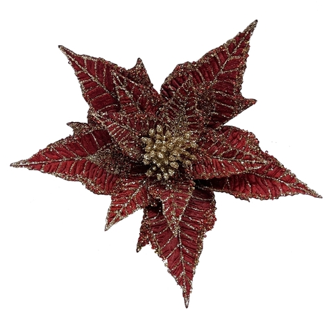 Цветок пуансеттия на клипсе 30см ChristmasDeLuxe premium collection бордовая