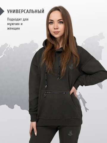 Худи цвета хаки с логотипом, без лампасов. Плотный футер