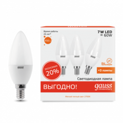 Лампа Gauss LED Elementary Свеча 7W E14 450 lm 2700K (3шт в упак) 33117T