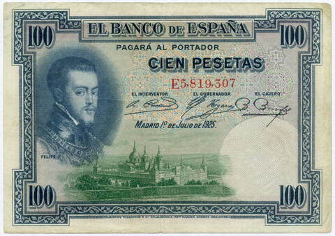 Банкнота Испания 100 песет 1925 год E5 819 307. F-VF