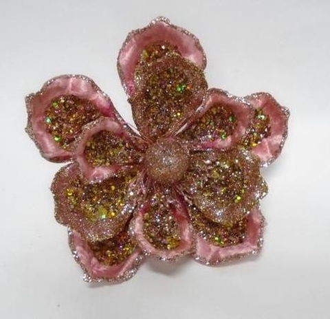 Цветок магнолия на клипсе 18см ChristmasDeLuxe premium collection розовая