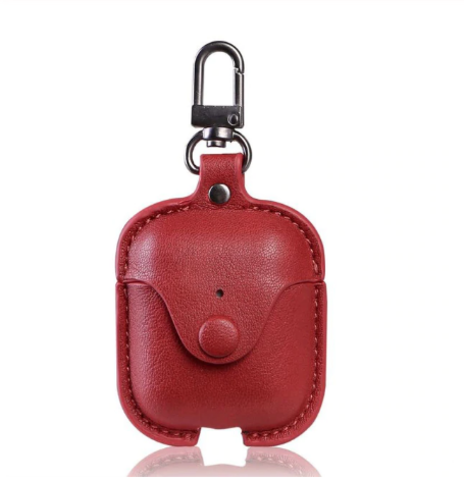 Кожаный чехол на кнопке с карабином для AirPods 1, 2 (Красный)