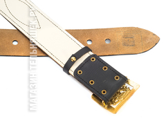 Купить кожаный ремень с юфтью - Магазин тельняшек.ру 8-800-700-93-18Ремень кожаный Офицерский с юфтевой прострочкой Черный с пряжкой латунь Герб РФ в Магазине тельняшек