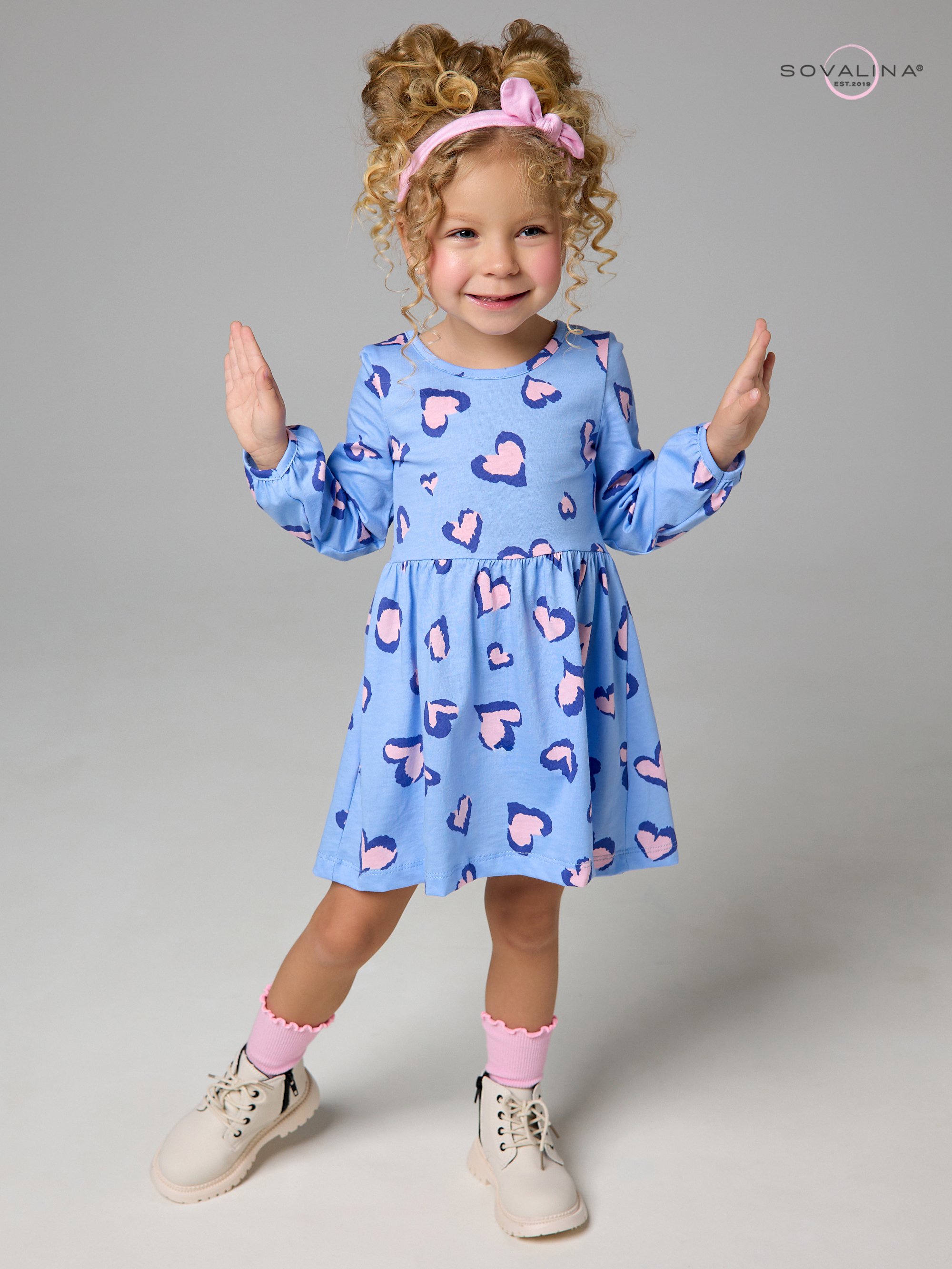 Платье Моана розовые сердечки на голубом
