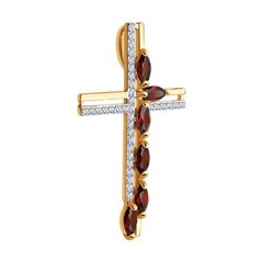 732080 - Подвеска-крест из золота 585 пробы с гранатами и фианитами