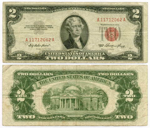 Банкнота США 2 доллара 1953 A 11712062 A. VF