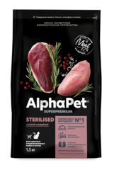ALPHAPET сухой корм для взрослых стерилизованных кошек и котов (утка,индейка) 1,5 кг