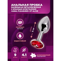 Анальная пробка маленькая Alive Anal Pleasure, металл с красным кристаллом L: 9х4,1 см