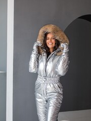 Premium серебристый металлик Комбинезон женский зимний