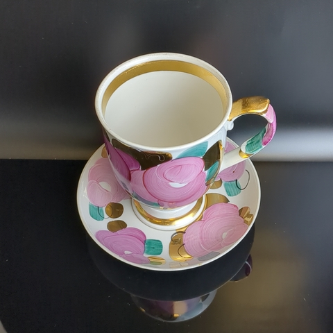 Чайная пара гигант фарфор, красное клеймо Дулево ФЗ, Агашки, цветы, ручная роспись, золочение, винтаж 1993 год