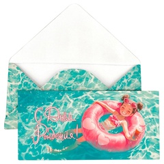 Открытка-конверт, С днем рождения, Девочка в бассейне, 8*17 см, 5 шт.