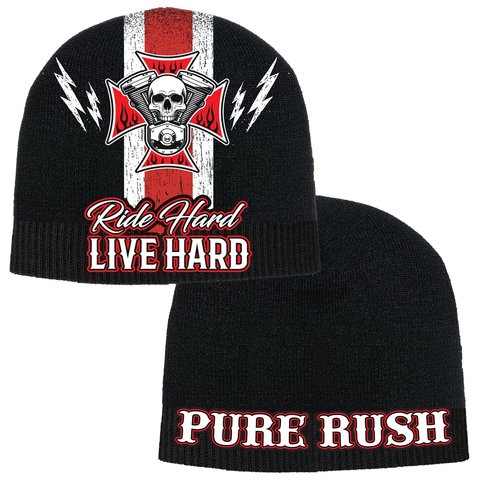 Rush Couture | Шапка мужская RIDE HARD LIVE HARD BEANIE Black RC208 с черепом и крестом перед и сзади