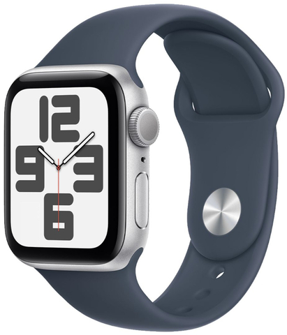 Умные часы Apple Watch Series SE 2023 44 мм из алюминия серебристого цвета, спортивный ремешок «грозовой синий»  (M/L 160–210mm)