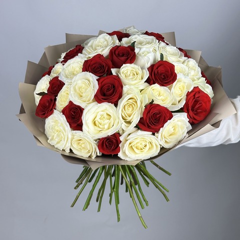 Букет 51 красно-белая роза Россия 40 см