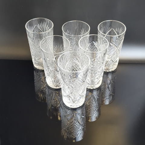 Стаканы хрустальные набор из 6 штук, алмазная грань, геометрический орнамент, 12 см, (объём -? мл), винтаж СССР 1970-1990 гг