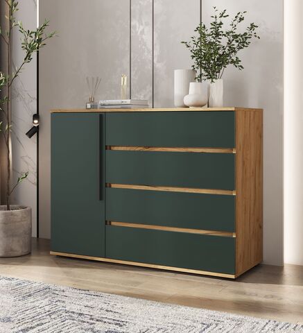 Норд Комод 1 дверь 4 ящика (1200) (Изумрудный (КРОМКА ИЗУМРУД), Дуб Крафт)
