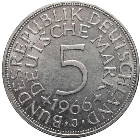 5 марок. Германия. (J). Серебро. 1966 год. AU
