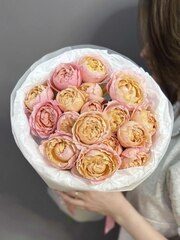Кустовые пионовидные розы сорта "Джульетта" в облачке