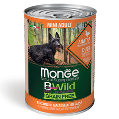 Влажный корм Monge Dog BWild GRAIN FREE Mini для взрослых собак мелких пород, беззерновой, из утки с тыквой и кабачками, консервы 400 г - 24 шт