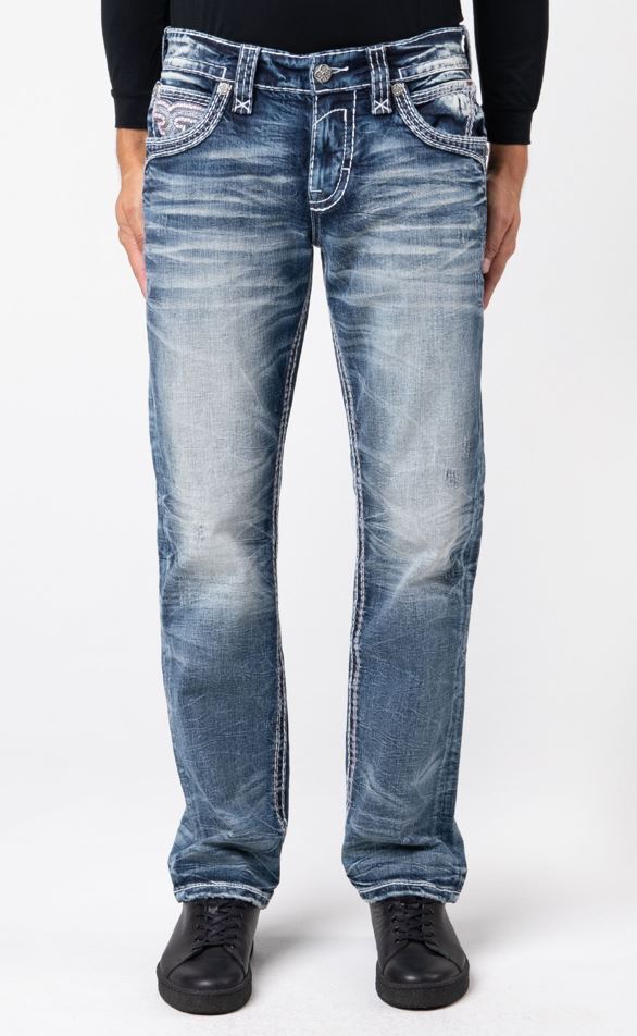 Jeans Rock Revival Brayen Uomo, Taglia 38x31, Lavaggio Medio, Inserti In Pelle, Usati Eccellenti