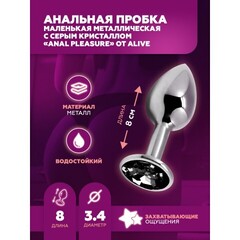 Анальная пробка маленькая Alive Anal Pleasure металл с серым кристаллом M: 8х3,4 см