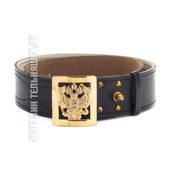 Купить ремень герб РФ - Магазин тельняшек.ру 8-800-700-93-18Ремень кожаный Офицерский с юфтевой прострочкой Черный с пряжкой латунь Герб РФ в Магазине тельняшек