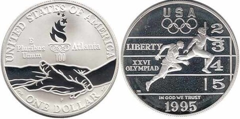 1 доллар Легкая атлетика Олимпиада Атланта 1996 г. 1995 г. США Proof