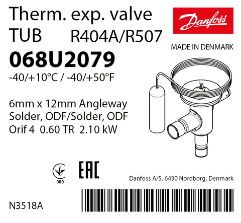 Терморегулирующий клапан Danfoss TUB 068U2079 (R404A/R507, без МОР) угловой