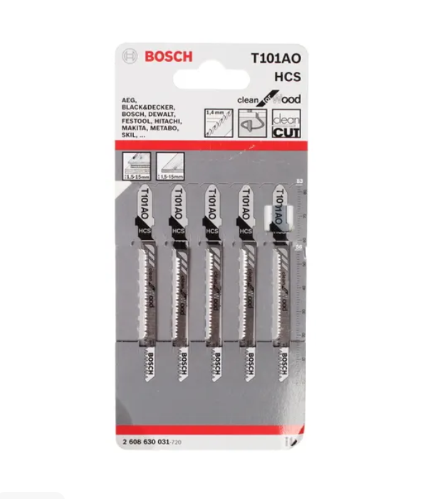 Пилка для электролобзика Т101АО (5 шт.) /ВОSСН/Мягкая древесина,фанера,плиты с покрытием (1,5-15мм)