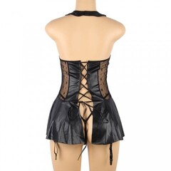 Кожаное платье со шнуровкой и юбкой-воланом Ohyeah +стринги, XL-2XL