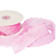 
          Декоративная лента капроновая с фигурной каймой для декора и флористики, 4 см, намотка 25 ярдов, розовый, дизайн белый горошек