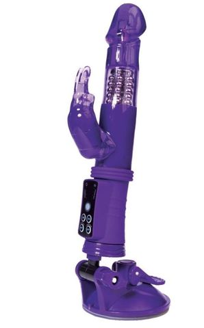 Фиолетовый вибратор с вращением бусин, клиторальным зайчиком и надёжной присоской - A-toys 765009