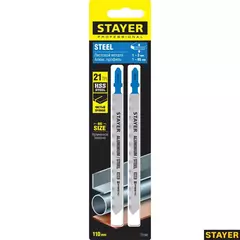 STAYER T318A, 2 шт, 110 мм / 1.2 мм, T-хвост., HSS сталь, по металлу 1-3 мм, по алюмин. профилям до 65 мм, полотна для лобзика (159951-1.2)