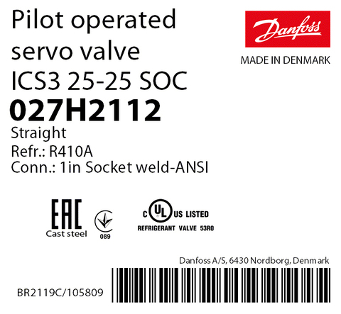 Пилотный клапан ICS3 25-25 Danfoss 027H2112 сварное соединение